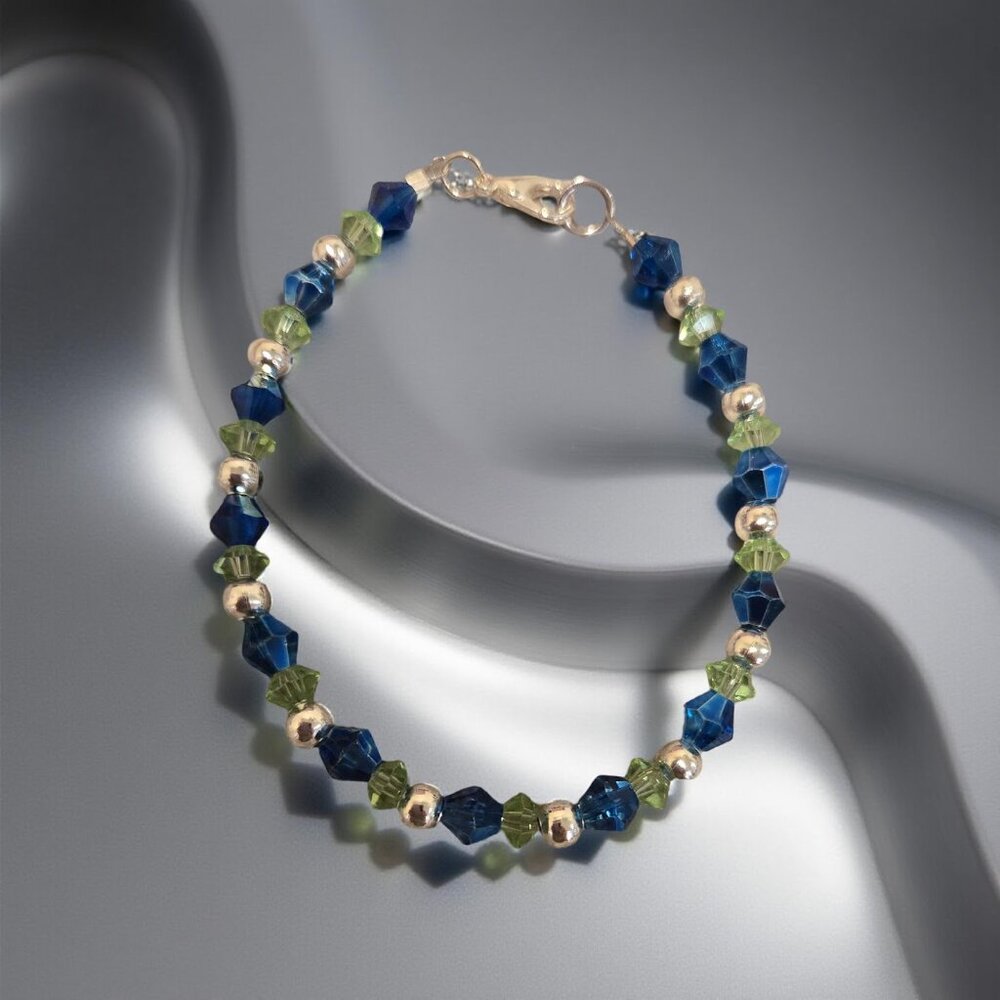 Blue, Green, and Silver Bracelet  7 inches new handmade item